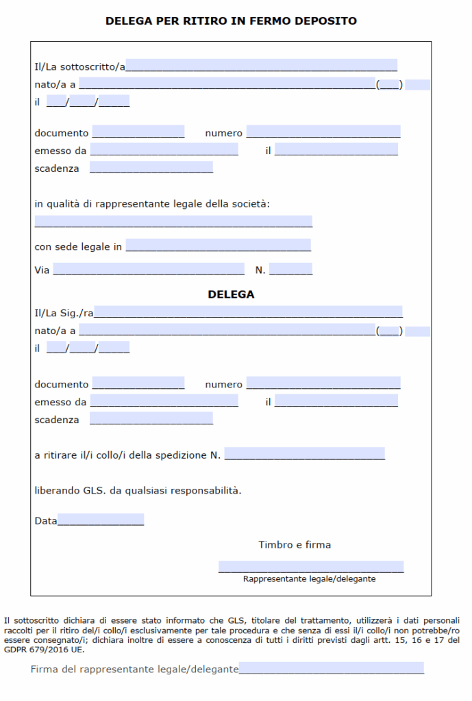 Modulo Delega Ritiro GLS